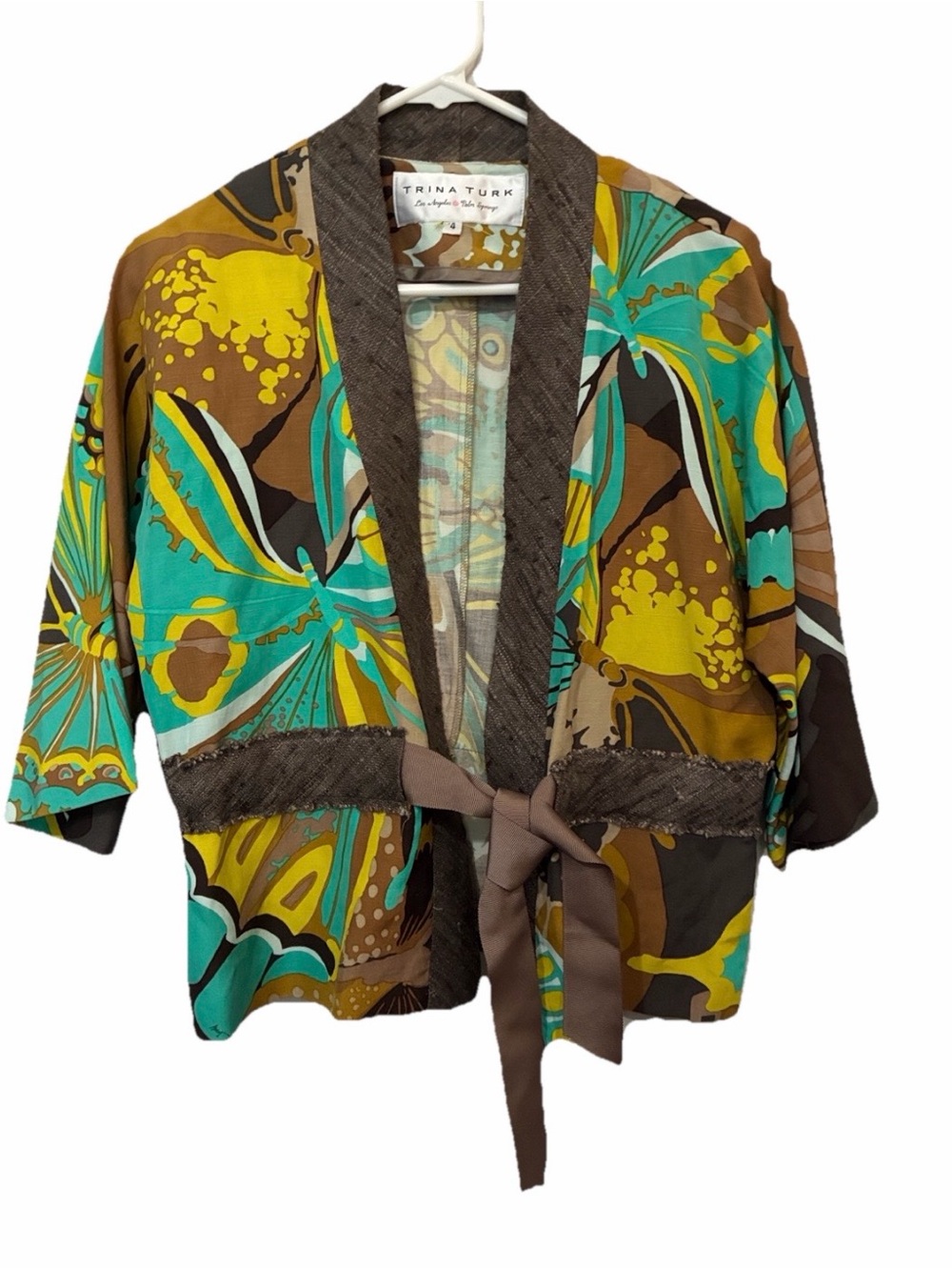 Trina Turk Teal, Mustard & Brown Floral Wrap Kimono Silk Linen Butterfly
